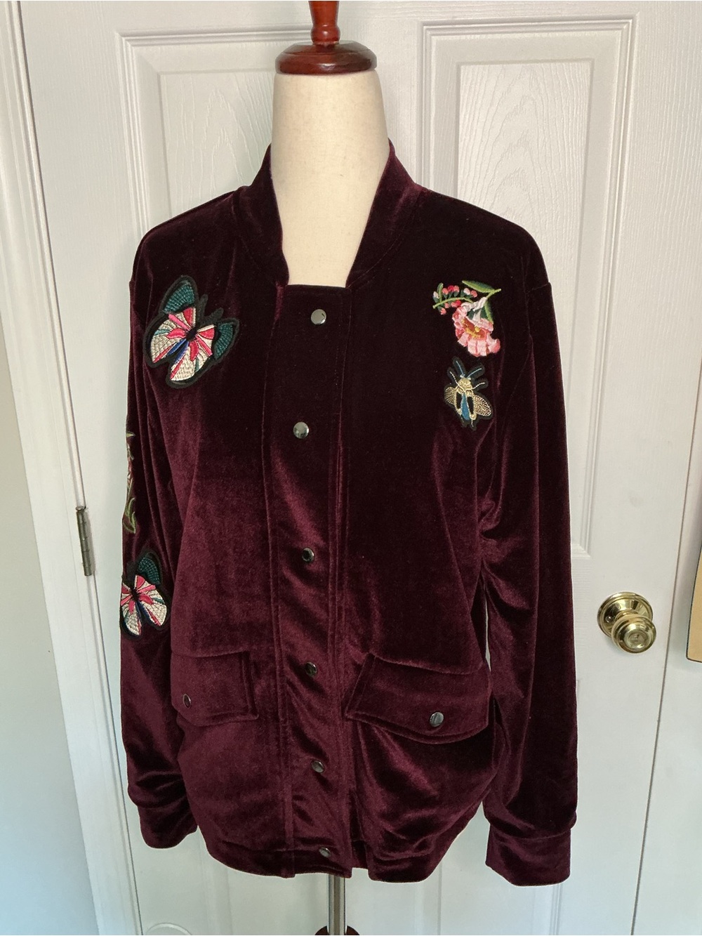Modcloth Burgundy Velvet Bomber Jacket with Embroidered Patches
